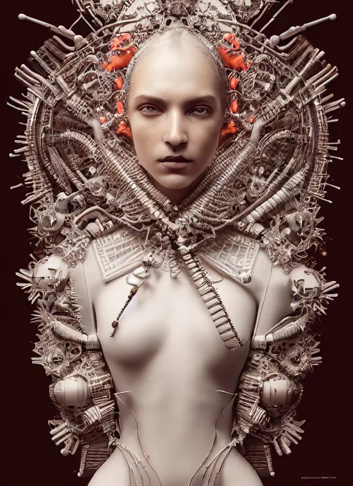 Image similar to portrait of an absurdly beautiful, graceful, sophisticated, fashionable cyberpunk mechanoid, hyperdetailed illustration by irakli nadar and vania zouravliov, matt wisniewski style, intricate linework, white porcelain skin, faberge, coral headdress, unreal engine 5 highly rendered, global illumination, radiant light, detailed and intricate environment