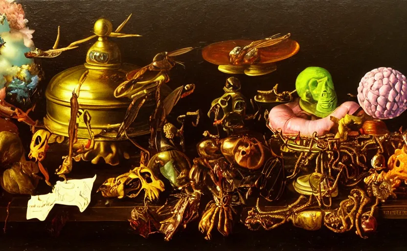 Image similar to disturbing colorful oil painting dutch golden age vanitas still life with bizarre objects strange gooey surfaces shiny metal bizarre insects rachel ruysch dali todd schorr very detailed perfect composition rule of thirds masterpiece canon 5 0 mm, cinematic lighting, photography, retro, film, kodachrome