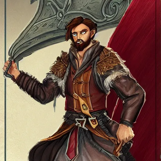 Image similar to Young bearded Tarski Fiume holding a scroll, half-elf Time Wizard, iconic character art by Wayne Reynolds for Paizo Pathfinder RPG