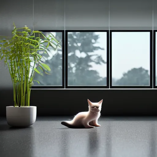 Image similar to a modern indoor room, clean architecture, some plants, peaceful, 8K octane render, a bat kitten sits there