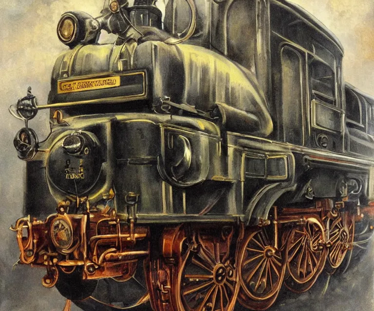 Image similar to steampunk train, 1 9 2 0 s, wet painting