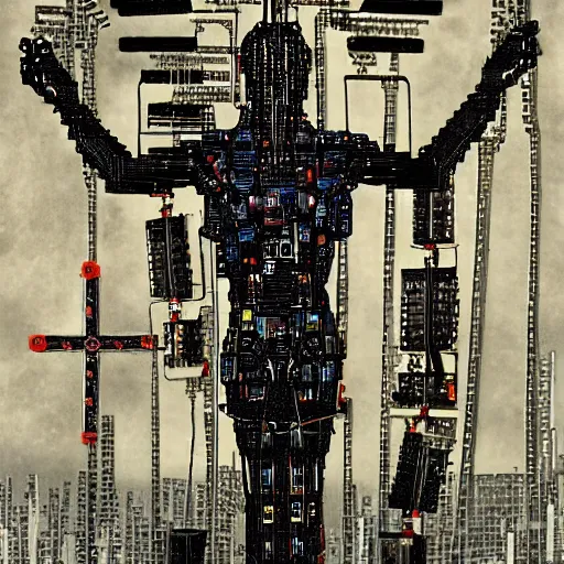 Prompt: a man crucified on a cybernetic sci - fi cross, full of computer elements and cables, symbolic, intricate, hyperdetailed, religious, painting, cyberpunk