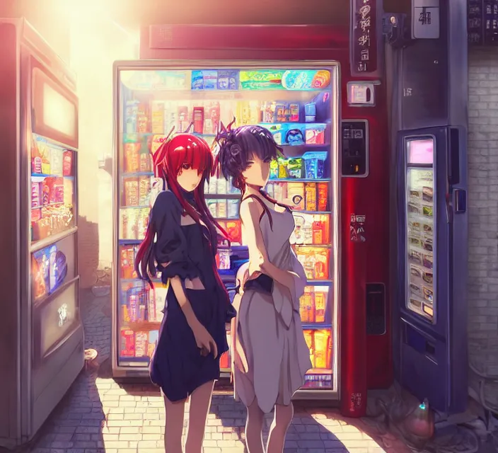 Image similar to Two beautiful anime women, standing in front of a vending machine outside of a Japanese convenience store, in a narrow Tokyo alleyway, gorgeous sunlight and shadows, D&D, fantasy, highly detailed, digital painting, artstation, concept art, sharp focus, illustration, in style of GUWEIZ and WLOP and NIXEU and Craig Mullins