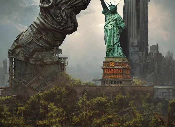 Image similar to highly detailed digital matte painting of a beautiful abandoned, overgrown, damaged Lady Liberty statue by Raphael LaCoste and Ruan Jia and Robert McCall, postcyberpunk, hyperdetailed, sunrise, wide shot, autochrome, octane render