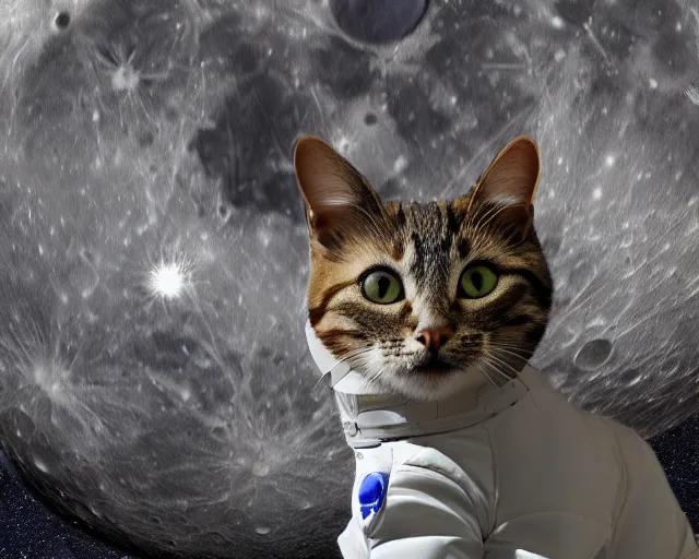 Prompt: a far away photo of a cat in a cat spacesuit on the moon, photorealistic
