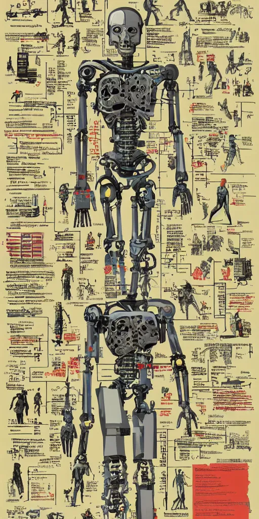 Prompt: anatomy of the terminator, robot, cyborg, t100, diagrams, map, marginalia, sketchbook, old script, inhabited initials, pastel infographic by Wes Anderson and victo ngai