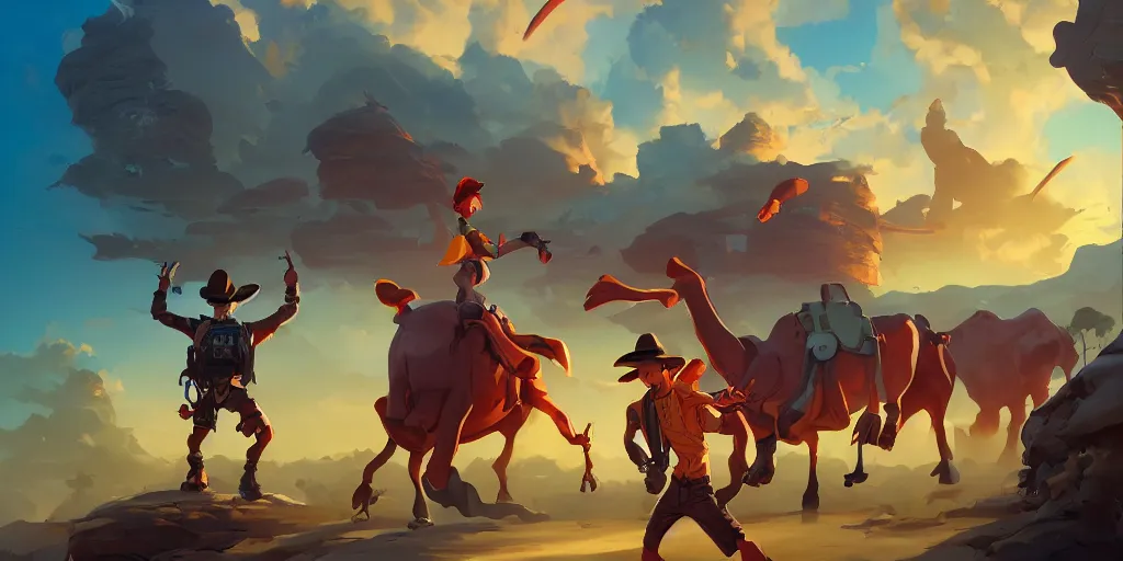 Image similar to a cow boy hunt aliens in the tropical land behance hd by jesper ejsing, by rhads, makoto shinkai and lois van baarle, ilya kuvshinov, rossdraws global illumination