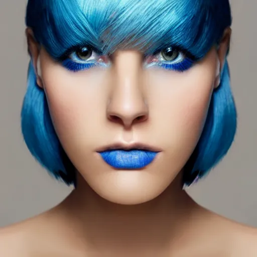 Prompt: A beautiful portrait of a woman with iridescent skin and blue hair and blue eyes