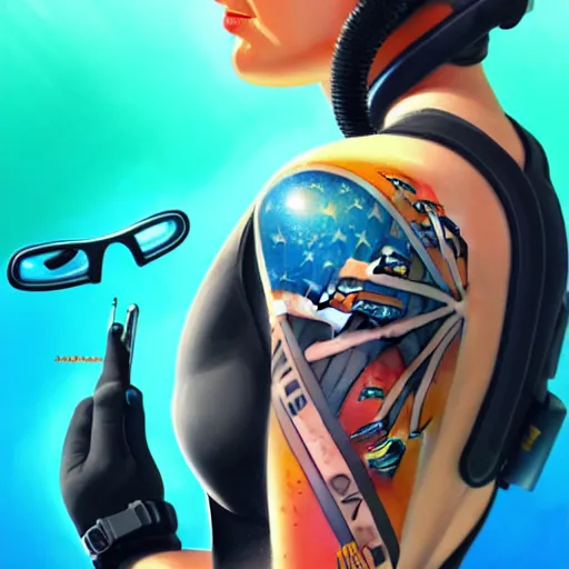 Prompt: a profile photo of a agent with diving helmet with tattoos on arm and neck, side profile in underwater, highly detailed, digital painting, artstation, sharp focus, illustration by Sandra Chevrier