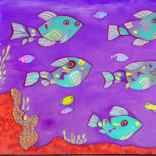 Prompt: purple sea with three cute fish babies