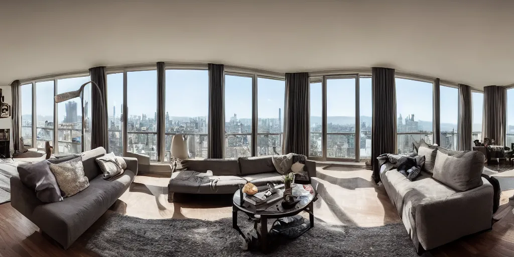 Prompt: cinematic film still of a fancy apartment living room with a stunning view 4k, fish-eye lens