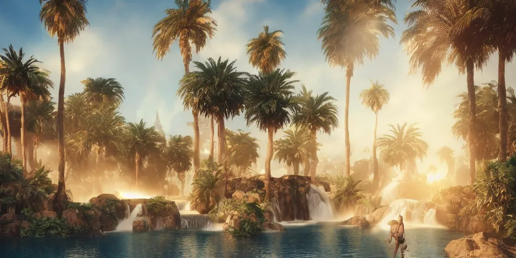 Image similar to beautiful oasis waterfalls surrounded by palm trees, moroccan tile archways, date trees, ivory towers, sun setting, ross tran, nephilim, pyroclastic flow, ethereal, fantasy, james jean, oozium, peter morbacher angelarium alchemy luxury heavenly light soft illumination, trending on artstation, cinematic lighting, digital painting, octane render, artgerm