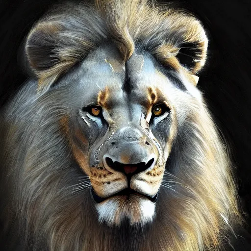 Prompt: lion animal as a realistic fantasy knight, closeup portrait art by donato giancola and greg rutkowski, digital art, trending on artstation, symmetry!!