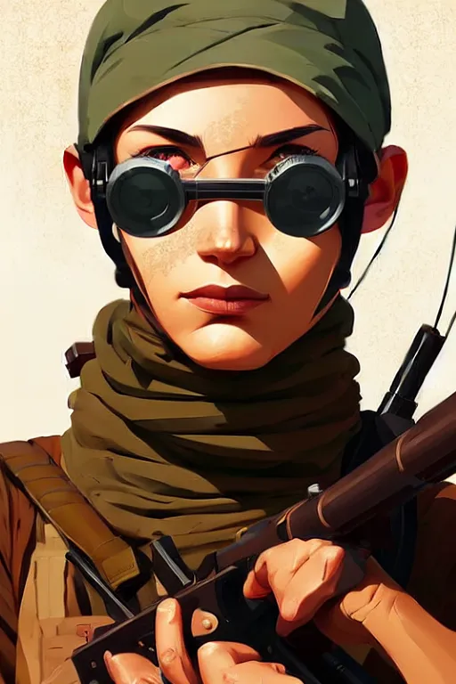 Image similar to ww 2 sniper, desert colors, smooth face, centered median photoshop filter cutout vector behance hd by artgerm, jesper ejsing, by rhads, makoto shinkai and lois van baarle, ilya kuvshinov, rossdraws, illustration, art by ilya kuvshinov and gustav klimt