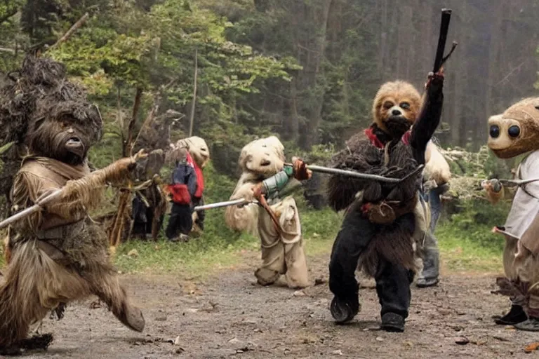 Prompt: ewoks rioting in front of a large stone government building!!!, flaming torches and pitchforks news report film