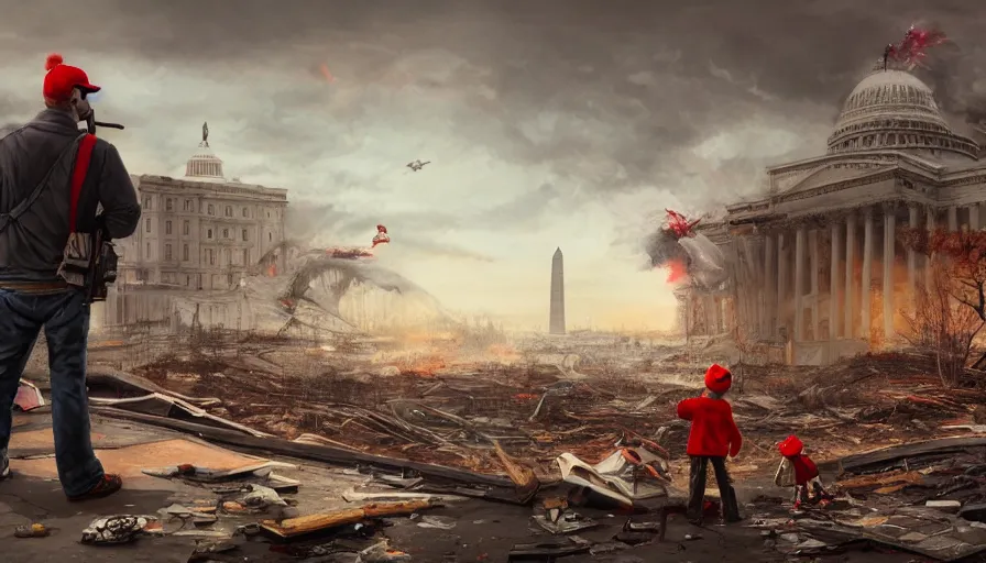 Prompt: father with shotgun and his son with red hat looking at destroyed washington dc from a rooftop, debris, destruction, cloudy day, vegetation, hyperdetailed, artstation, cgsociety, 8 k