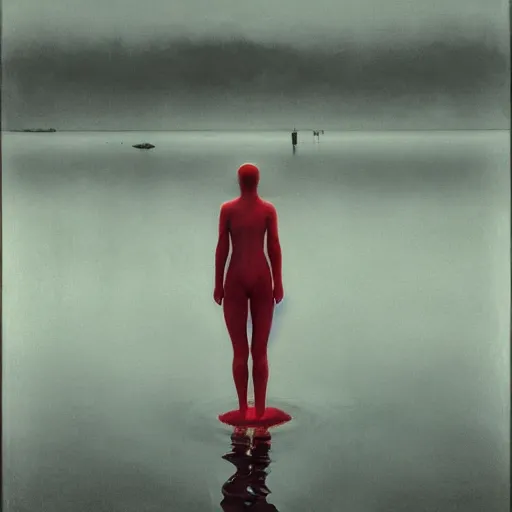 Image similar to portrait, standing in a lake, woman wrapped around by tubes and cables, glowing red, by edgar maxence and ross tran, zdzisław beksinski, and michael whelan, distant, gustav dore, h. r. giger, 8 k, octane render