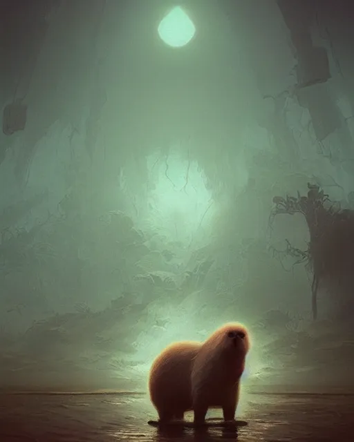 Prompt: lovecraftian white capybara, surreal photography, sunrise dramatic light, impressionist painting, digital painting, artstation, kilian eng, john harris, bastien lecouffe - deharme, simon stalenhag, flower face