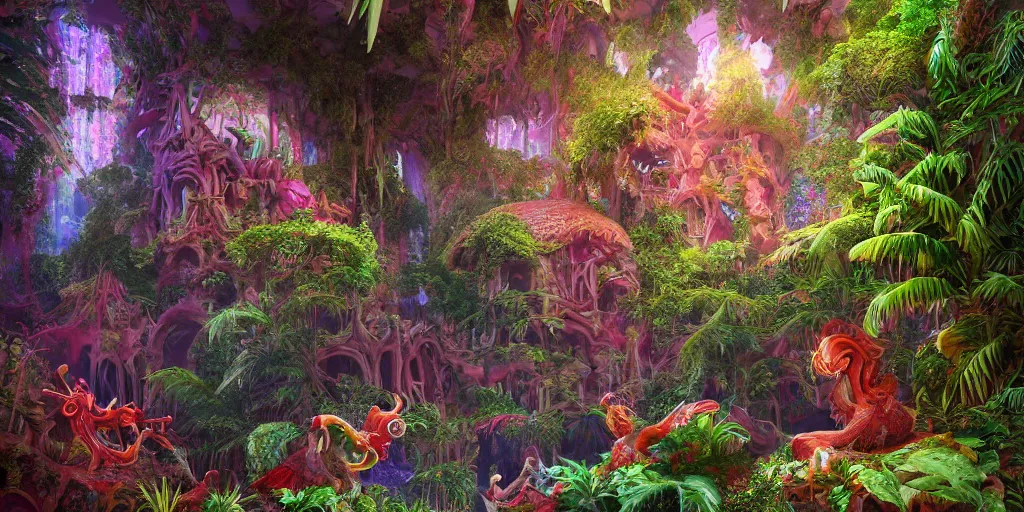 Prompt: of a beautiful red Hyperrealistic Gaudi royal castle in the middle of a colorful smokey surreal tropical jungle, creepy cute rainbow fluffy creatures hide in bushes, macro lens, shallow depth of field, very highly detailed, digital painting, trending artstation, concept art, illustration, cinematic lighting, vibrant colors, photorealism, epic, octane render