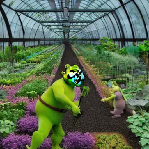 Image similar to DSLR photograph of Shrek tending to a beautiful greenhouse garden on a space station, Pixar dream works render,