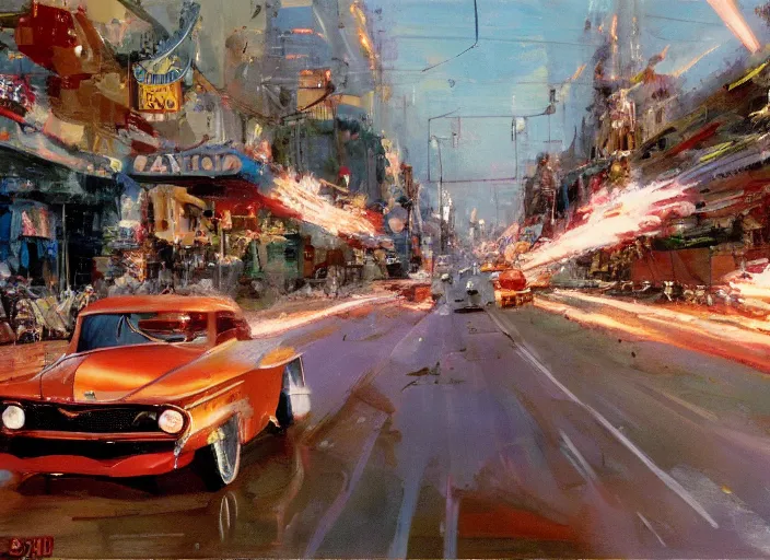 Image similar to hotrods driving down a street , vintage, highly detailed, 4K, by John Berkey