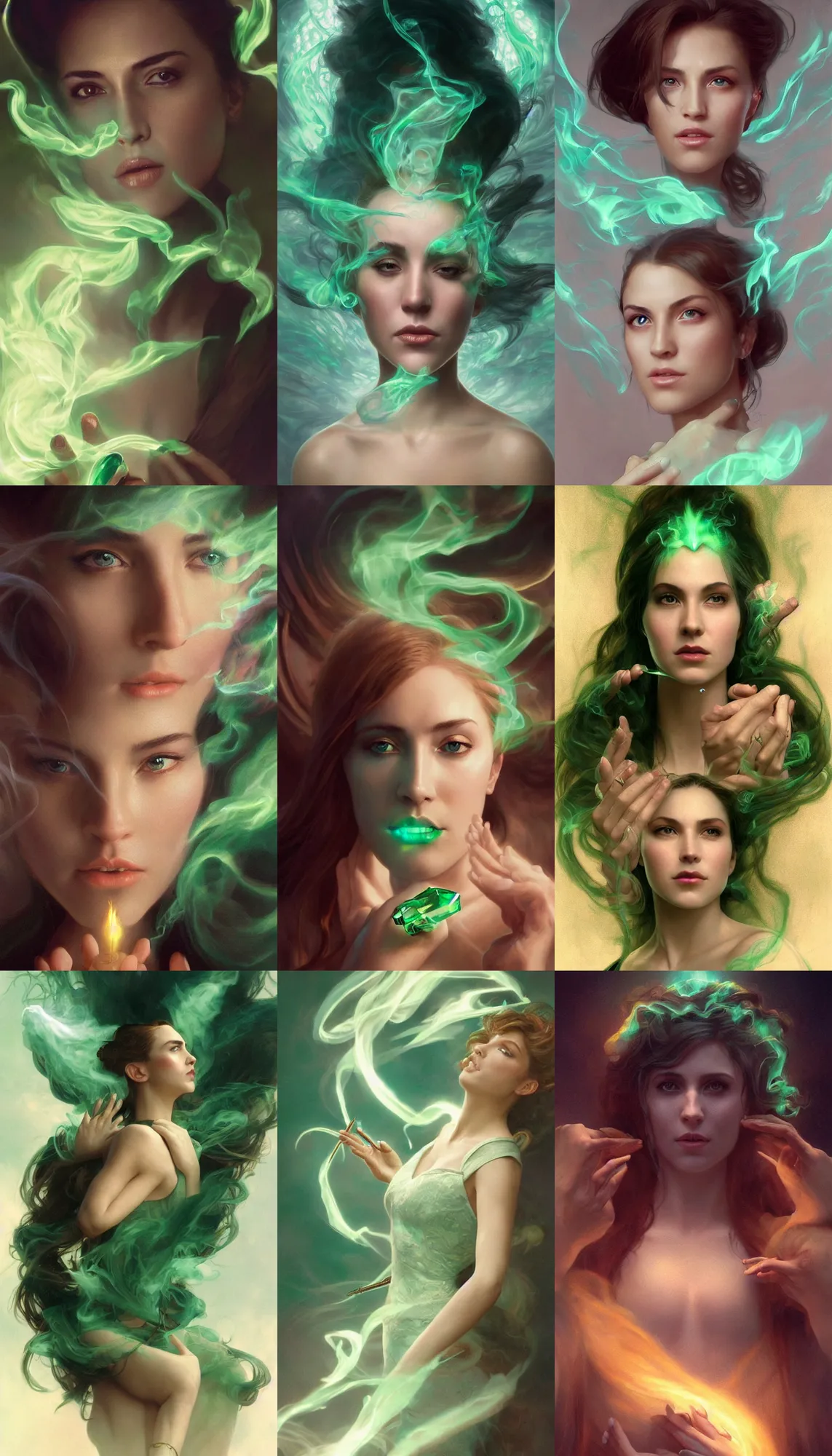 Prompt: feminine shaped wisp of smoke, with the face of Nicholas Cage, emerging from an emerald green glowing abyss, hyperrealistic, octane render, cinematic, beautiful face and flawless skin, perfect hands, 5 fingers, art by artgerm and greg rutkowski and alphonse mucha