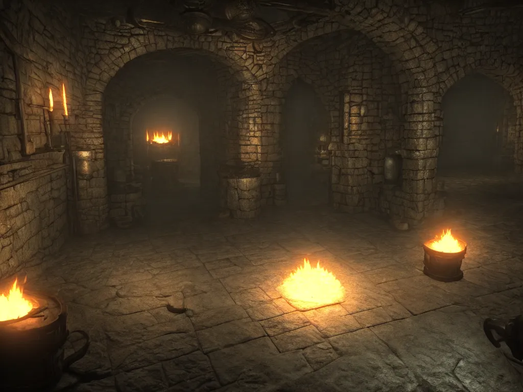 Image similar to delicious torch lit prison dungeon jail cell atmospheric unreal engine hyperreallistic render 8k character concept art masterpiece screenshot from the video game the Elder Scrolls V: Skyrim moody flame global illumination