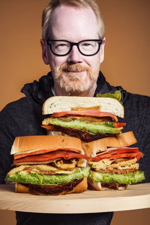 Image similar to 📷 portrait of adam savage the sandwich, made of food, still image, dynamic lighting, 4 k