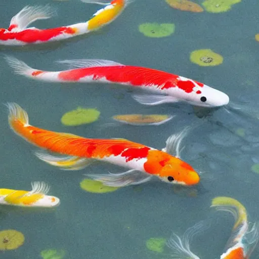 Prompt: sumi - e of colorful koi swirling in a pond