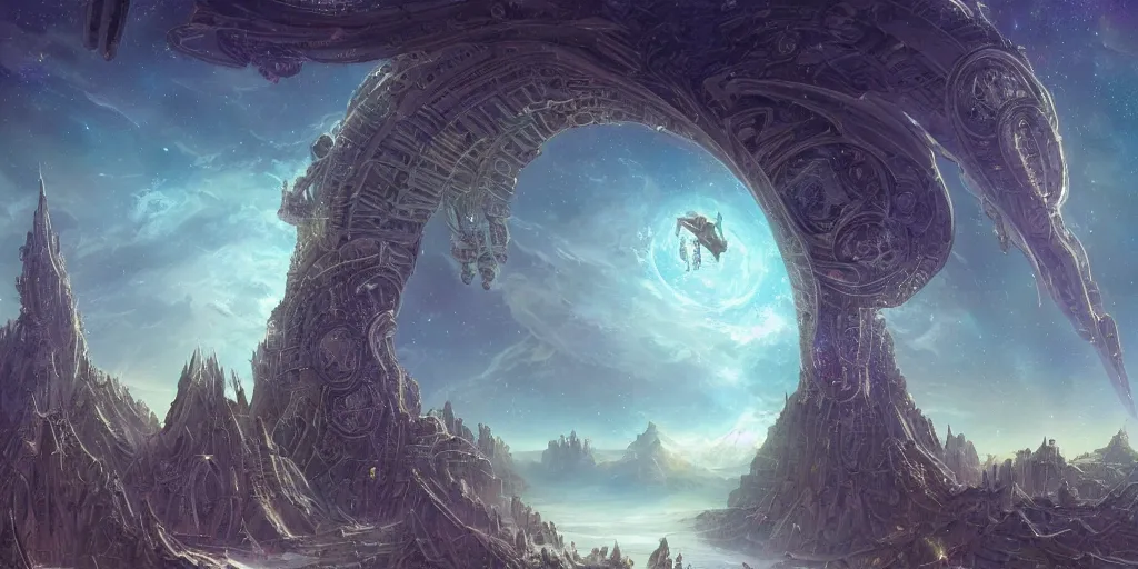 Image similar to majestic interstellar portal, fortress gateway, huge futuristic temple city, magical sparkling lake, birds eye, vista view, peter mohrbacher, vladimir kush, michael whelan, bill stoneham, tsutomu nihei, jane graverol, kay sage, digital art, airbrush, art nouveau, intricate, clear, looming, epic, depth, artstation, highly detailed, blender, Unreal Engine, octane render, vray, 8k