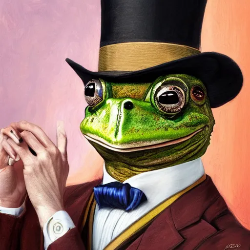 Image similar to anthropomorphic gentleman frog wearing a cravat and hand watches portrait in the museum, highly detailed, sharp focus, digital painting, artwork by Victor Adame Minguez + Yuumei + Tom Lovell + Sandro Botticelli