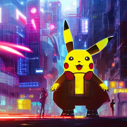 Prompt: giant mecha - pikachu destroying a cyberpunk city at night, neon, by josan gonzalez and craig mullins, raining, thunder, electricity