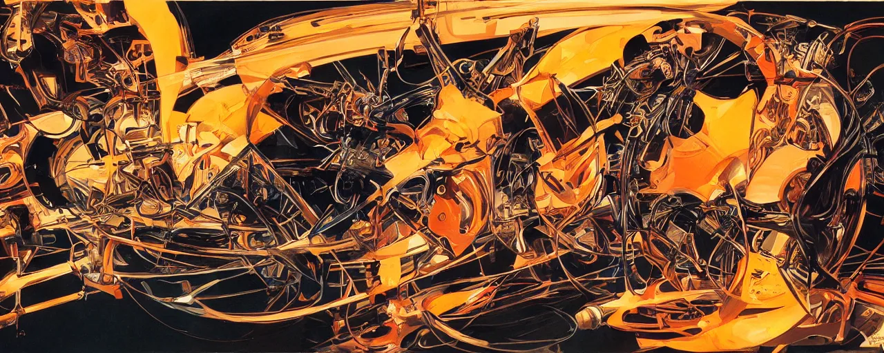 Image similar to atomic, flaming heart, anatomical, metal, expressive, art by syd mead