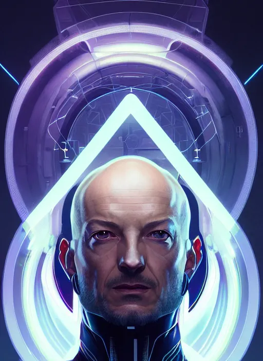 Prompt: symmetry portrait of professor charles xavier, sci - fi, tech wear, glowing lights, intricate, elegant, highly detailed, digital painting, artstation, concept art, smooth, sharp focus, illustration, art by artgerm and greg rutkowski and alphonse mucha