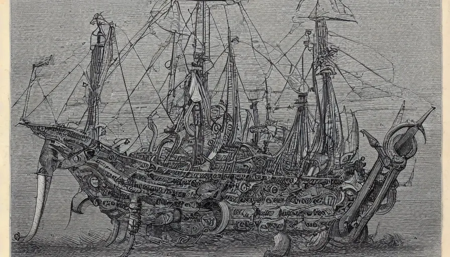 Prompt: encyclopedia drawing of a steampunk squid and ship, manuscript, detailed