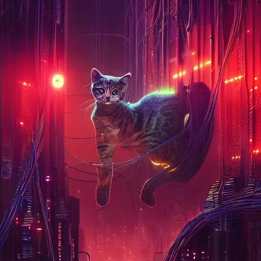 Prompt: cats cyborg inside an scifi tentacles wires futuristic city, beautiful neon cats, cinematic, highly detailed, photorealistic, rich bright colors, trending on artstation, giger, tsutomu nihei, trending on cgsociety, awe inspiring bruce pennington cityscape, digital art painting of 1 9 6 0 s