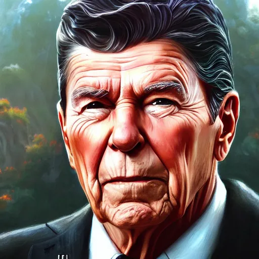 Image similar to highly detailed portrait, ronald reagan, in gta v, stephen bliss, unreal engine, fantasy art by greg rutkowski, loish, rhads, ferdinand knab, makoto shinkai and lois van baarle, ilya kuvshinov, rossdraws, tom bagshaw, global illumination, radiant light, detailed and intricate environment