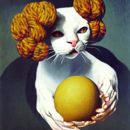 Prompt: painting of a devon rex, cornish rex cat playing with a ball of yarn, magritte