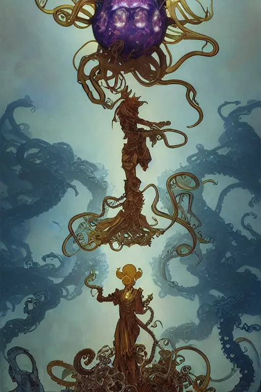 Image similar to Prince and the revolution , a golden crown floating above his head, tentacles coming out the ground art by Artgerm and Greg Rutkowski and Alphonse Mucha and Craig Mullins and James Jean and Andrei Riabovitchev and Marc Simonetti and peter mohrbacher, sharp focus, ominous, cosmic horror, trending on artstation, Ultra detailed, hyper realistic 4k