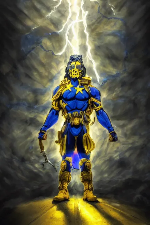 Image similar to an super mega hyper realistic image of a super soldier with a Ukrainian blue and yellow stripes flag standing in the beam of light from the clouds on a pile of skulls as a winner, masculine figure, D&D, fantasy, intricate, elegant, highly detailed, extremely detailed, digital painting, artstation, concept art, matte, sharp focus, symmetrical, illustration, art by Artgerm and Greg Rutkowski and Alphonse Mucha