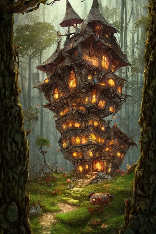 Image similar to a storybook illustration of a ramshackle multistory fairytale hut in the forest, intricate, elegant, fantasy, highly detailed, digital painting, concept art, sharp focus, artstation