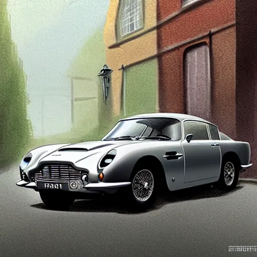 Image similar to a pencil sketch of anaston martin db 5, in a rich london mews residential street, medium range, studio ghibli, ( pixar ) and disney animation, sharp, very detailed, bloom, high resolution, anime key art by greg rutkowski