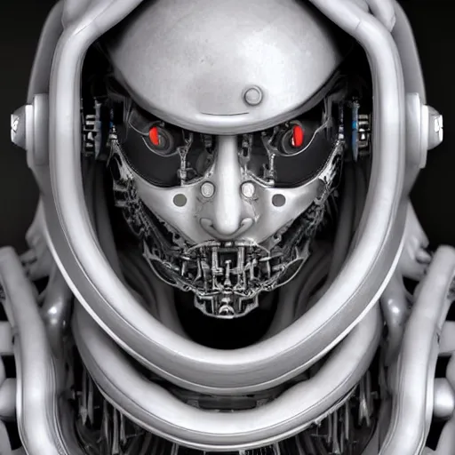 Image similar to a ultradetailed front face portrait of a white one cast futuristic biomechanic cyborg with mechanical gears and tubes for face, carbon fibre and nanotube elements, futuristic, 8 k, dramatic light, digital painting by hr giger, octane render