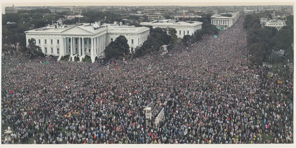 Image similar to a crowd of 6 0, 0 0 0 protesting around the white house, bird's eye view, polaroid, 6 0's, hyperrealism, no blur, 4 k resolution, ultra detailed