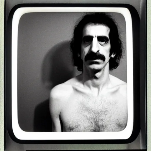 Image similar to Mugshot Portrait of Frank Zappa, taken in the 1970s, photo taken on a 1970s polaroid camera, grainy, real life, hyperrealistic, ultra realistic, realistic, highly detailed, epic, HD quality, 8k resolution, body and headshot, film still, front facing, front view, headshot and bodyshot, detailed face, very detailed face