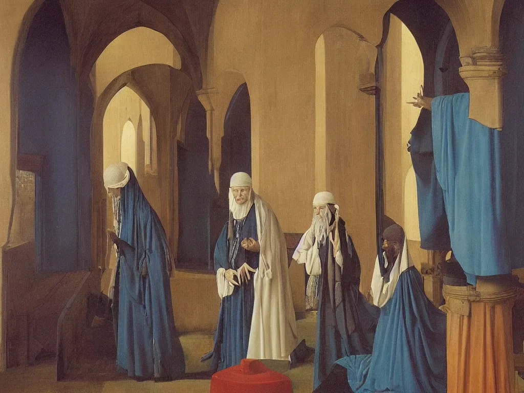 Image similar to Portrait of albino mystic with blue eyes in a mosque. Painting by Jan van Eyck, Audubon, Rene Magritte, Agnes Pelton, Max Ernst, Walton Ford