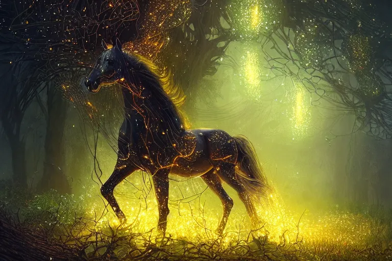 Image similar to a stunning horse made of fireflies with a thick mane of bioluminescent vines and flowers running through the woods by greg rutkowski, high key lighting, volumetric light, digital art, highly detailed, fine detail, intricate, ornate, complex, octane render, unreal engine, photorealistic