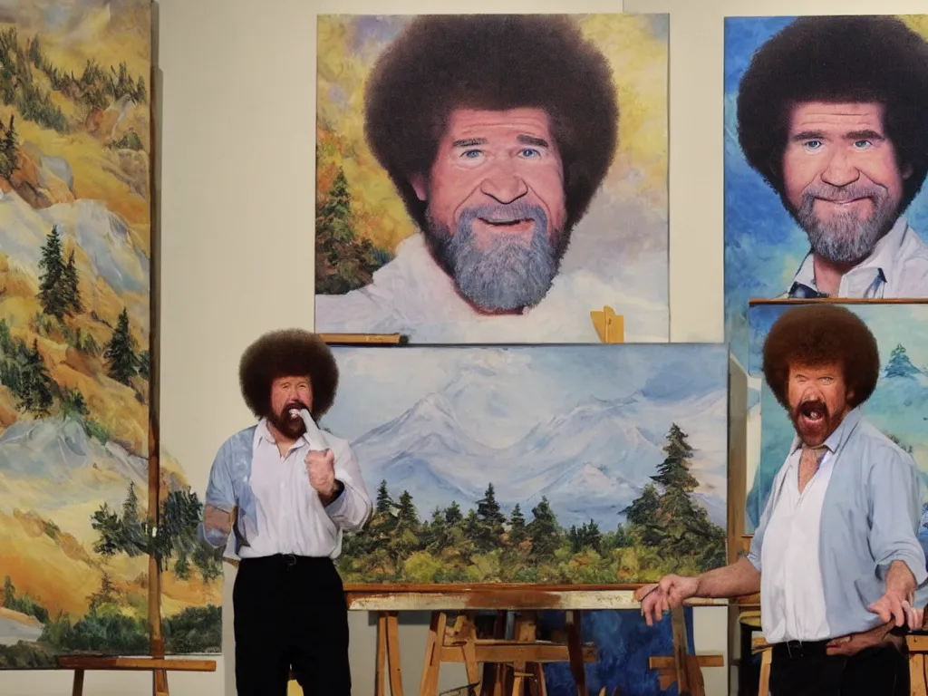 Prompt: bob ross is sad and sngry and yelling at a huge painting by bob ross