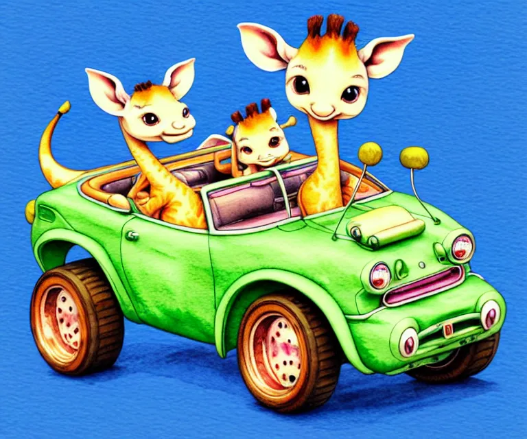 Image similar to cute and funny, baby giraffe riding in a tiny hot rod with oversized engine, ratfink style by ed roth, centered award winning watercolor pen illustration, isometric illustration by chihiro iwasaki, edited by range murata, tiny details by artgerm and watercolor girl, symmetrically isometrically centered