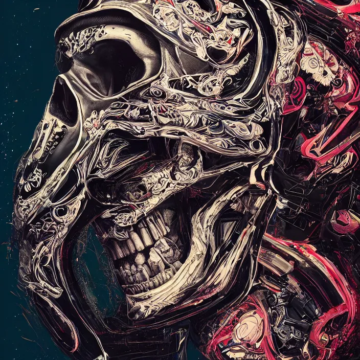 Prompt: portrait of a skull in a racing suit. intricate abstract. intricate artwork. nightmare fuel. by Tooth Wu, wlop, beeple, dan mumford. octane render, trending on artstation, greg rutkowski very coherent symmetrical artwork. cinematic, hyper realism, high detail, octane render, 8k, iridescent accents